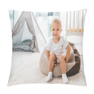 Personality  Adorable Smiling Toddler Sitting On Bean Bag Chair And Looking At Camera In Nursery Room Pillow Covers
