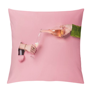 Personality  Cropped View Of Man Pouring Champagne Near Woman With Glass And Pink Background With Hole  Pillow Covers