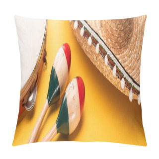 Personality  Tambourine, Maracas And Sombrero On Yellow Background, Panoramic Shot Pillow Covers