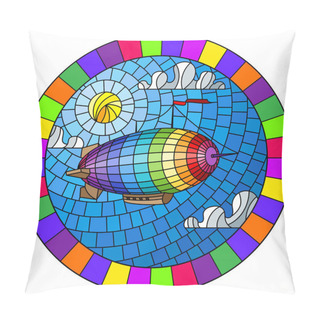 Personality  Illustration In Stained Glass Style With Balloon On Sky, Sun And Clouds Background, Oval Picture In Bright Frame Pillow Covers