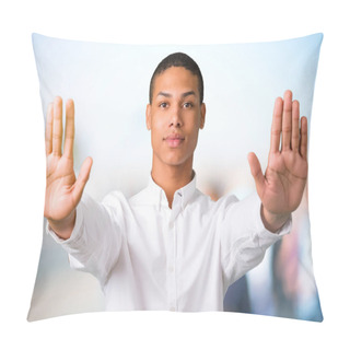 Personality  Young African American Man Making Stop Gesture With Her Hand For Disappointed With An Opinion On Unfocused Outdoor Background Pillow Covers