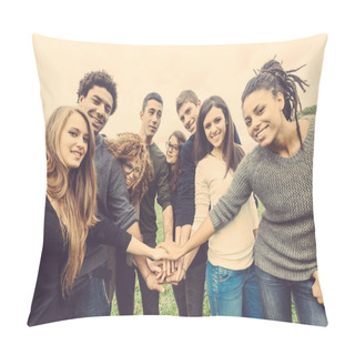 Personality  Multiracial Group Of Friends With Hands In Stack Pillow Covers
