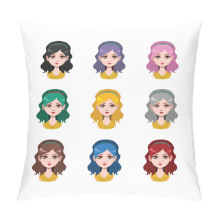 Personality  Casual Long Haired Girl - 9 Different Hair Colors ( Flat Colors ) Pillow Covers