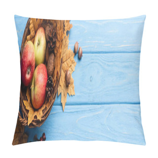 Personality  Top View Of Autumnal Wicker Basket With Apples, Nuts And Cones On Blue Wooden Background, Panoramic Shot Pillow Covers