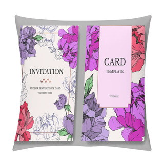 Personality  Vector Wedding Elegant Invitation Cards With Purple And Living Coral Peonies On Beige Background. Pillow Covers