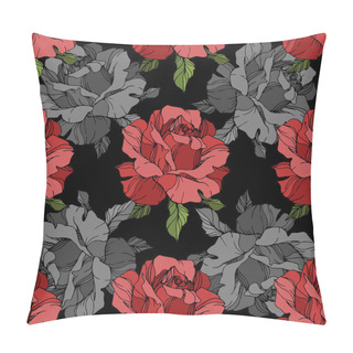 Personality  Grey And Red Roses. Engraved Ink Art. Seamless Background Pattern. Fabric Wallpaper Print Texture On Black Background. Pillow Covers