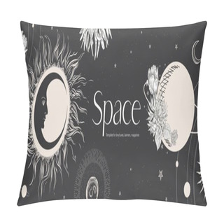 Personality  Space Background. Sun Face, Crescent Moon, Planets And Flowers. Pillow Covers