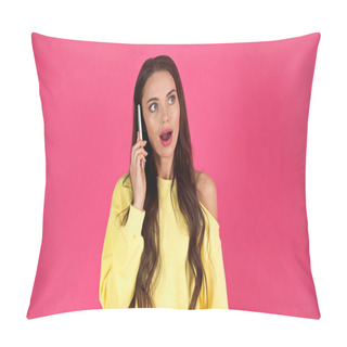 Personality  Amazed Young Adult Woman With Open Mouth Speaking On Cellphone Isolated On Pink Pillow Covers