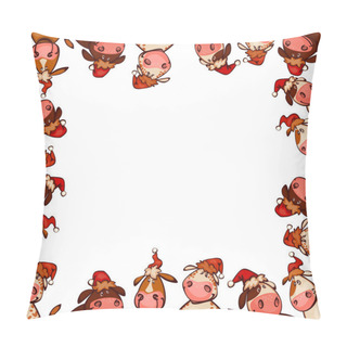 Personality   Happy New Year Frame With Cute Little Cartoon Cattle With Cows And Bulls Celebrating The 2021chinese Astrological Calendar ,vector Illustration Pillow Covers
