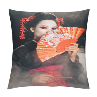 Personality  Beautiful Geisha In Black Kimono With Flowers In Hair Holding Hand Fan In Smoke Pillow Covers