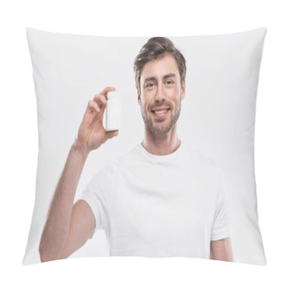 Personality  Man Presenting Vitamins In Bottle Pillow Covers