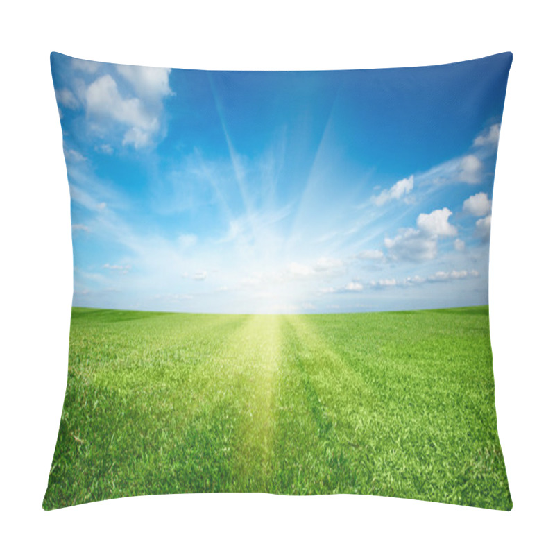 Personality  Sunset Sun And Field Of Green Fresh Grass Under Blue Sky Pillow Covers