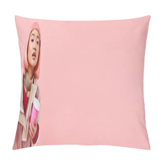 Personality  Banner Of Attractive Asian Woman With Pink Hair Posing With Cup Of Coffee On Vibrant Background Pillow Covers
