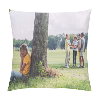 Personality  Selective Focus Of Kid Sitting Near Tree Trunk Near Multicultural Children  Pillow Covers