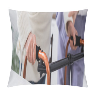 Personality  Partial View Of Elderly Woman Walking With Medical Walkers Near Nurse, Banner Pillow Covers