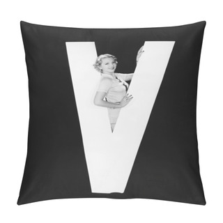 Personality  Woman In Middle Of Huge Letter V Pillow Covers