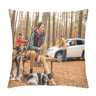 Personality  Smiling Woman With Hot Drink In Forest Pillow Covers