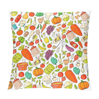 Personality  Healthy Food And Cooking. Fruits, Vegetables, Household. Doodle Vector Set. Pillow Covers