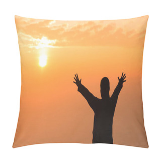 Personality  Silhouette Of Woman Raising Her Hand Praying Spirituality And Religion, Banner And Copy Space Of Female Worship To God. Christianity Religion Concept.Christians Person Are Pray Humility Humble To God. Pillow Covers