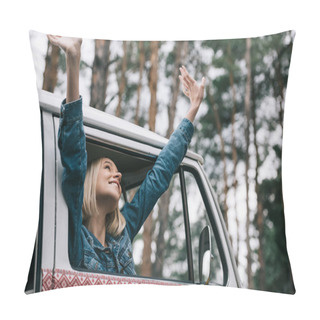 Personality  Cheerful Girl In Retro Minivan Pillow Covers
