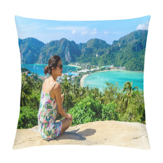 Personality  Koh Phi Phi Don, Viewpoint - Girl Enjoying Beautiful View Of Paradise Bay From The Top Of The Tropical Island. View From The Back. Thailand. Pillow Covers