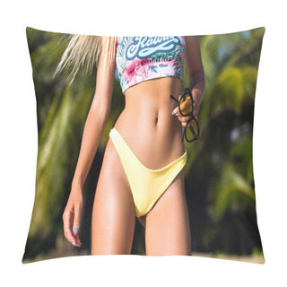 Personality  Sporty Pale Girl Standing In Jungle. Close-up Photo Of Slim Woman In Pink Outfit  In Exotic Forest. Pillow Covers