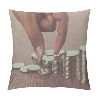 Personality  Cropped Image Of Man Stacking Coins On Wooden Surface, Saving Concept Pillow Covers