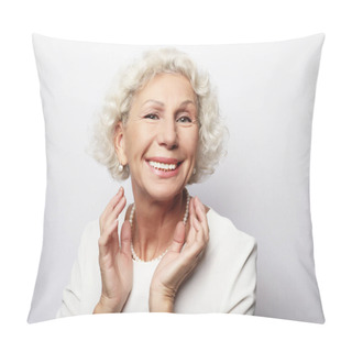 Personality  Lifestyle, Emotion  And People Concept: Grey Haired Old Nice Beautiful Laughing Woman. Isolated Over Vwhite  Background Pillow Covers