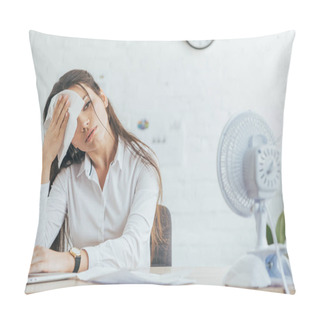 Personality  Sweaty Businesswoman Working In Office With Electric Fan  Pillow Covers