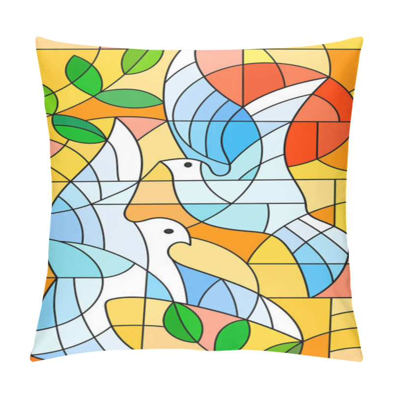 Personality  Illustration in stained glass style with abstract pigeons, the sun and branches n bright orange sky  pillow covers