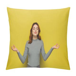 Personality  Woman With Curly Hair Smiling While Meditating On Yellow Pillow Covers