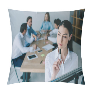 Personality  Selective Focus Of Pensive Businesswoman And Colleagues Behind At Workplace In Office Pillow Covers