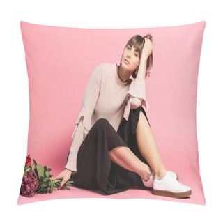 Personality  Young Woman Sitting On Floor With Bouquet Pillow Covers