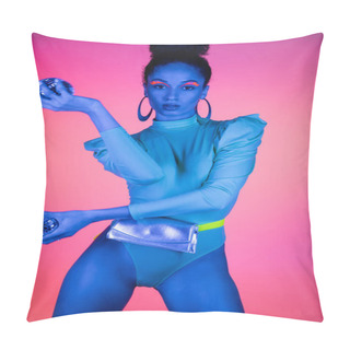 Personality  Fashionable African American Model With Neon Makeup And Bodysuit Holding Disco Balls On Pink Background Pillow Covers