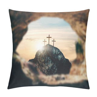 Personality  Crucifixion Of Jesus Christ, Three Crosses On Hill, 3d Rendering Pillow Covers