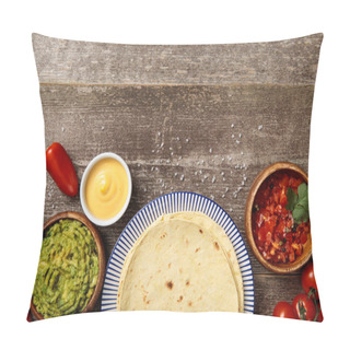 Personality  Top View Of Mexican Tortilla With Guacamole, Cheese Sauce And Salsa On Weathered Wooden Table Pillow Covers