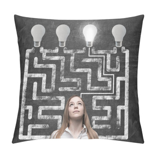 Personality  Beautiful Woman Is Looking For The Way How To Solve The Maze And Reach The Right Light Bulb As A Concept Of The Perfect Business Solution. Pillow Covers