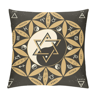 Personality  Astrological Oriental Zodiac Horoscope On Flower Of Life Backround, Quiet Color Vector Illustration Pillow Covers