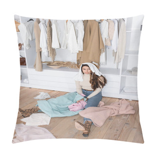 Personality  Brunette Woman Looking Away Near Clothes On Floor In Wardrobe  Pillow Covers