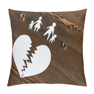 Personality  Close-up Shot Of Teared Heart With Family And Engagement Rings On Wooden Table, Divorce Concept Pillow Covers