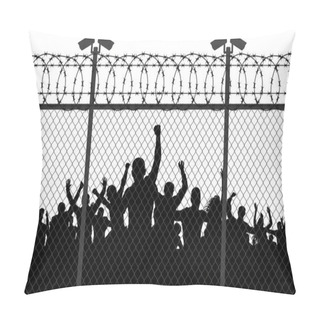 Personality  Enraged Crowd Of People Are Behind Bars. Fence Wire Mesh Barbed Wire, Vector Silhouette. Street Camera On The Pillar Pillow Covers
