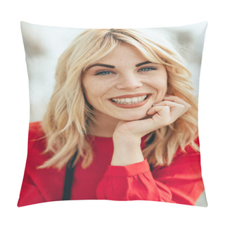 Personality  Happy Young Blond Woman Sitting On Urban Background. Smiling Blonde Girl With Red Shirt Enjoying Life Outdoors. Pillow Covers