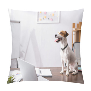 Personality  Selective Focus Of Jack Russell Terrier Sticking Out Tongue Near Laptop And Notebook On Office Table  Pillow Covers