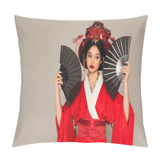 Personality  Japanise Woman In Kimono Posing With Fans Isolated On Grey  Pillow Covers