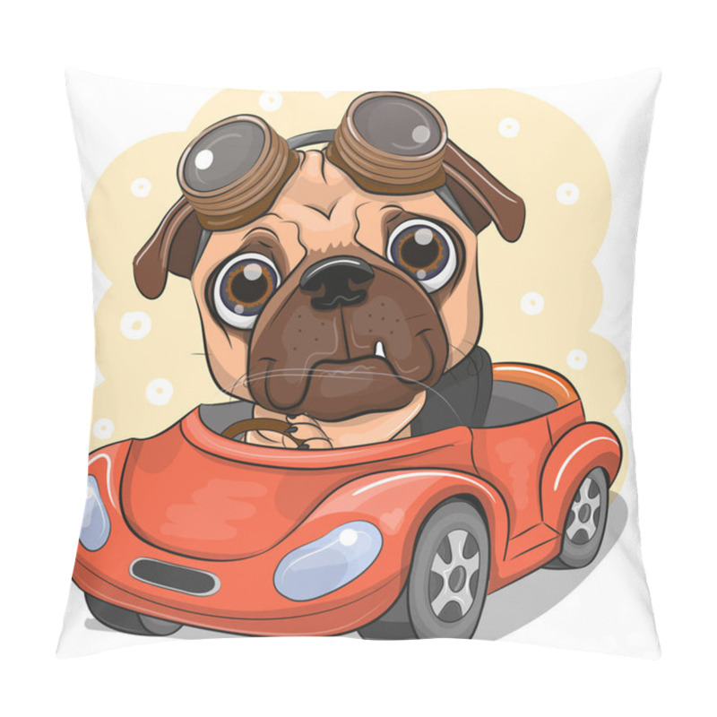 Personality  Cartoon Pug Dog boy in glasses goes on a Red car pillow covers