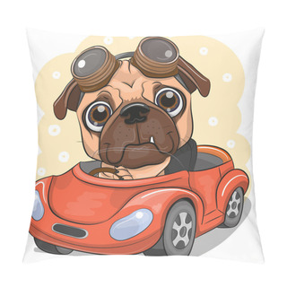 Personality  Cartoon Pug Dog Boy In Glasses Goes On A Red Car Pillow Covers
