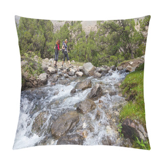 Personality  Two Hikers Crossing Fast Flowing River Pillow Covers