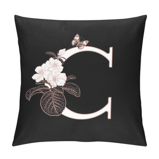 Personality  Letter C, Flowers Flowering Sakura Branches And Butterfly Isolated. Vector Decoration. Black, White And Gold. Vintage Illustration. Floral Pattern For Greetings, Wedding Invitations, Text Design. Pillow Covers