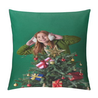 Personality  Holiday Spirit, Happy Girl Wearing Ear Muffs And Standing Near Decorated Christmas Tree On Turquoise Pillow Covers