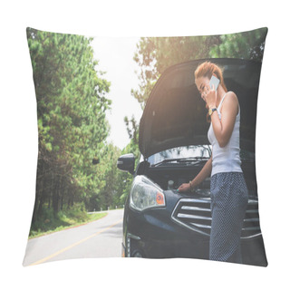 Personality  Women The Car Was Broken On The Highway. Countryside. Women Broken Car Pillow Covers